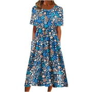 Lolmot Womens Summer Dresses Floral Printed Casual Dress for Women Summer Crewneck Short Sleeve Swing Pleated Midi Dress Beach Party Sundress with Pockets